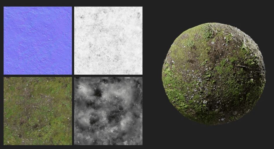 Multiple texture maps are used to define the realistic texture of a ball of grass and soil
