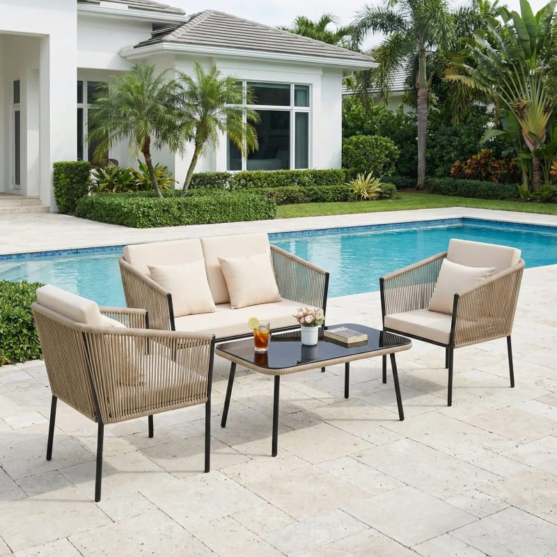 Wave Outdoor Garden Balcony Sofa Set – 2 Seater, 2 Single Seater & 1 Center Table Set, Braided Rope