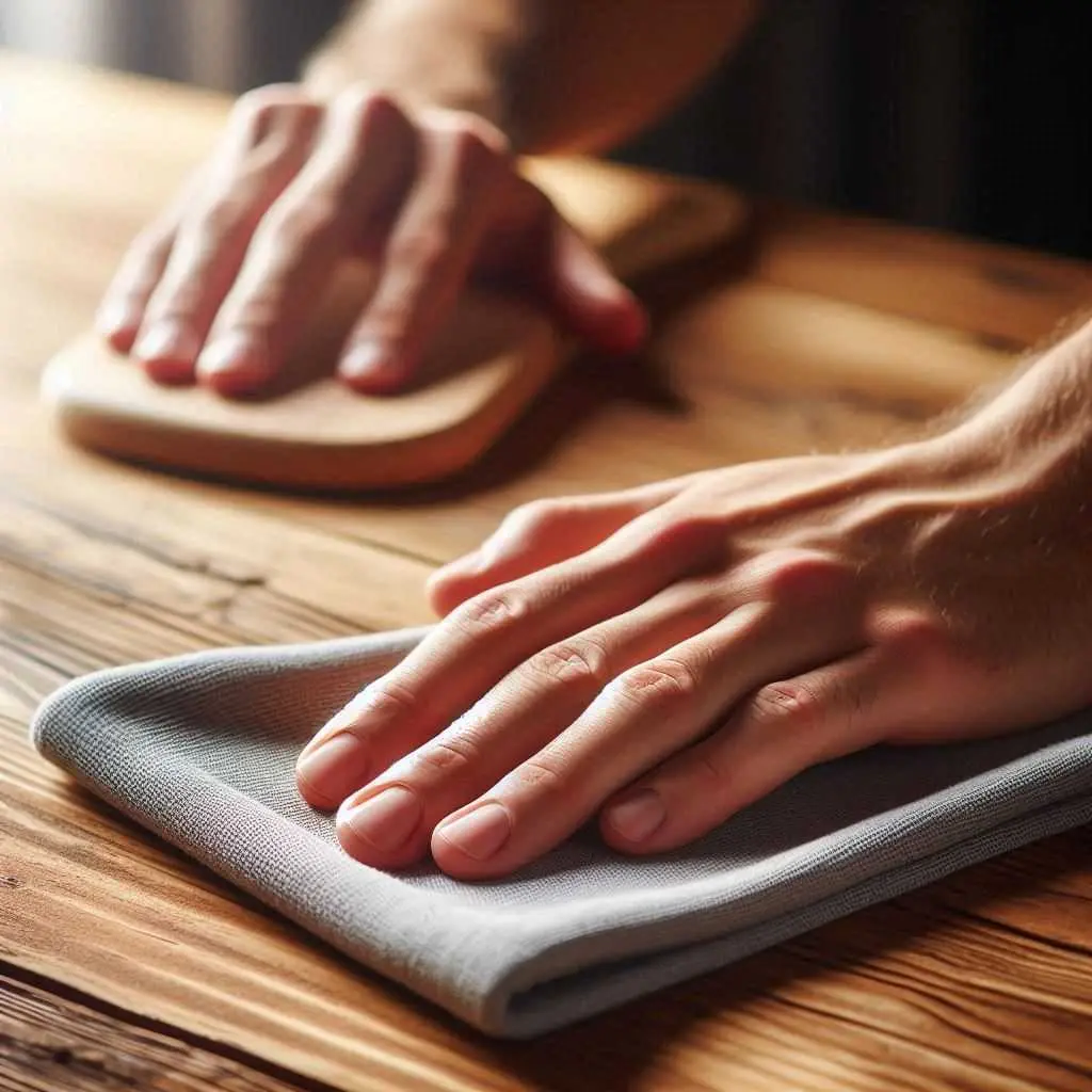 dusting a wooden surface with a microfiber cloth