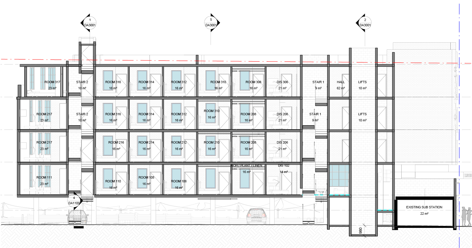 alt="sectional drawings of hotel"