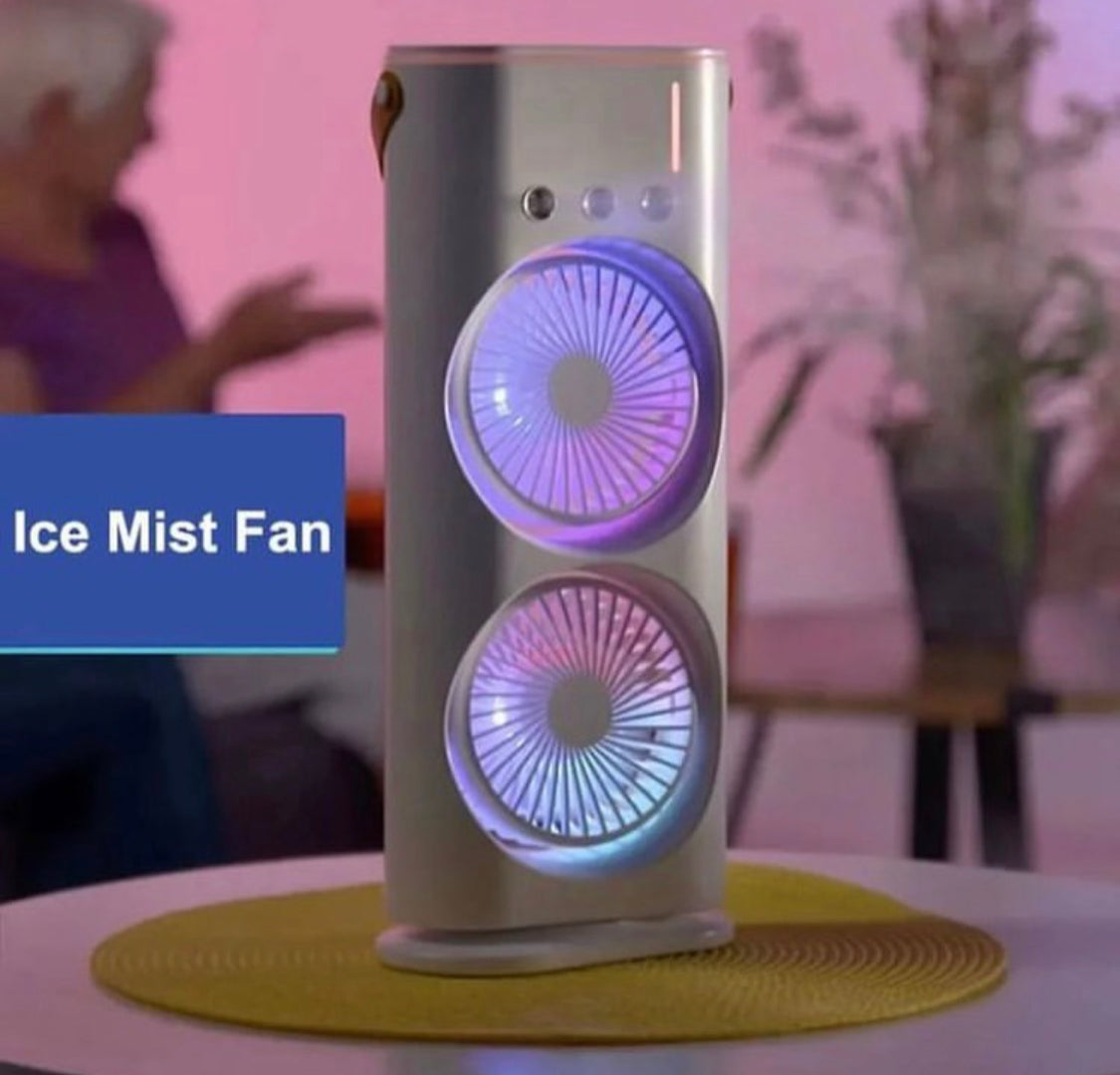 Rechargeable Rotating Spray Fan Automatic Rotating Dual Double Spray Mist Fan with Lightening Effects 2