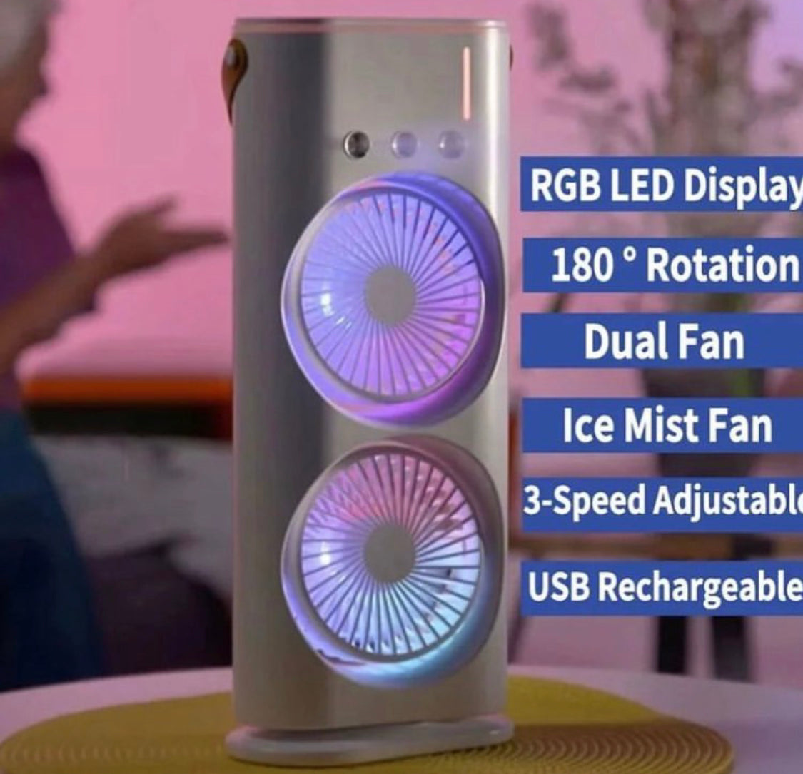 Rechargeable Rotating Spray Fan Automatic Rotating Dual Double Spray Mist Fan with Lightening Effects 3