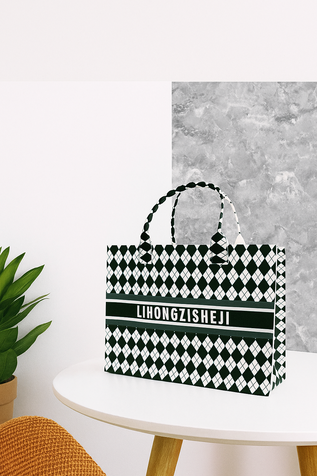 Elegant Black & White Diamond Pattern Tote Bag – Durable, Stylish & Versatile 3