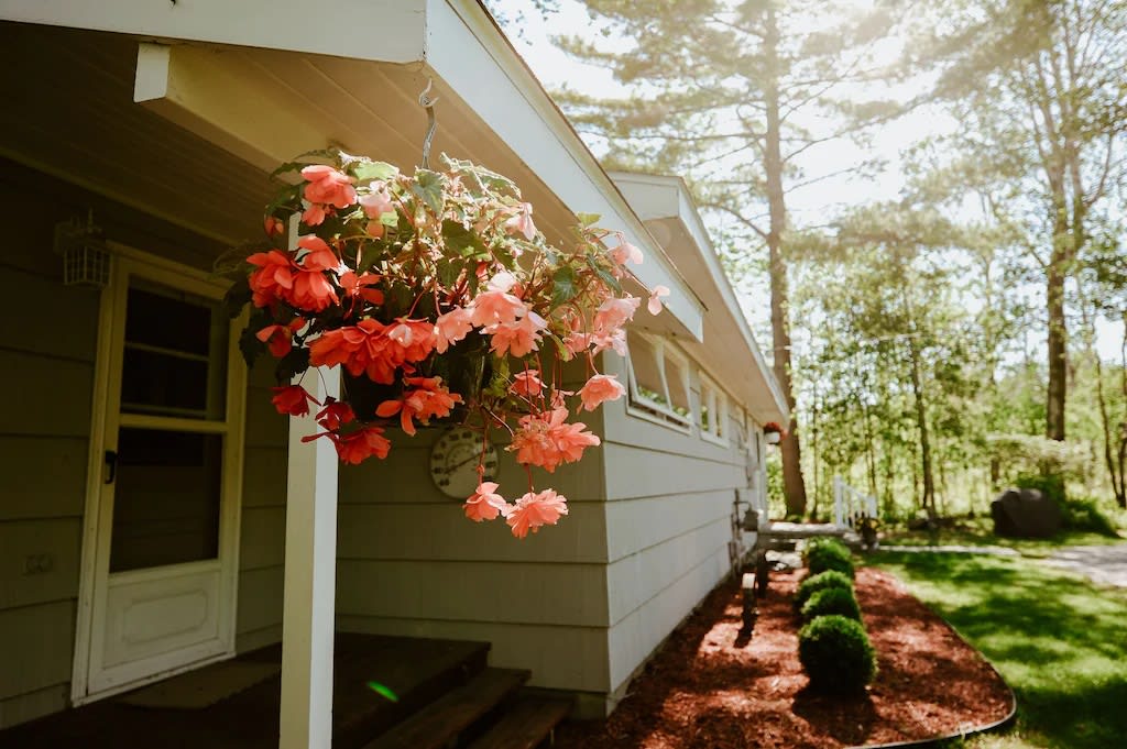 Cottage entrance with hanging flowers