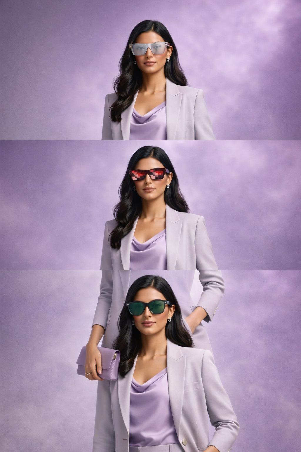 Maya Voss creates an editorial fashion moment in a quiet luxury, minimal tailoring, soft purple accents mood with Sunglasses, Party Glasses, Green and Black Glasses