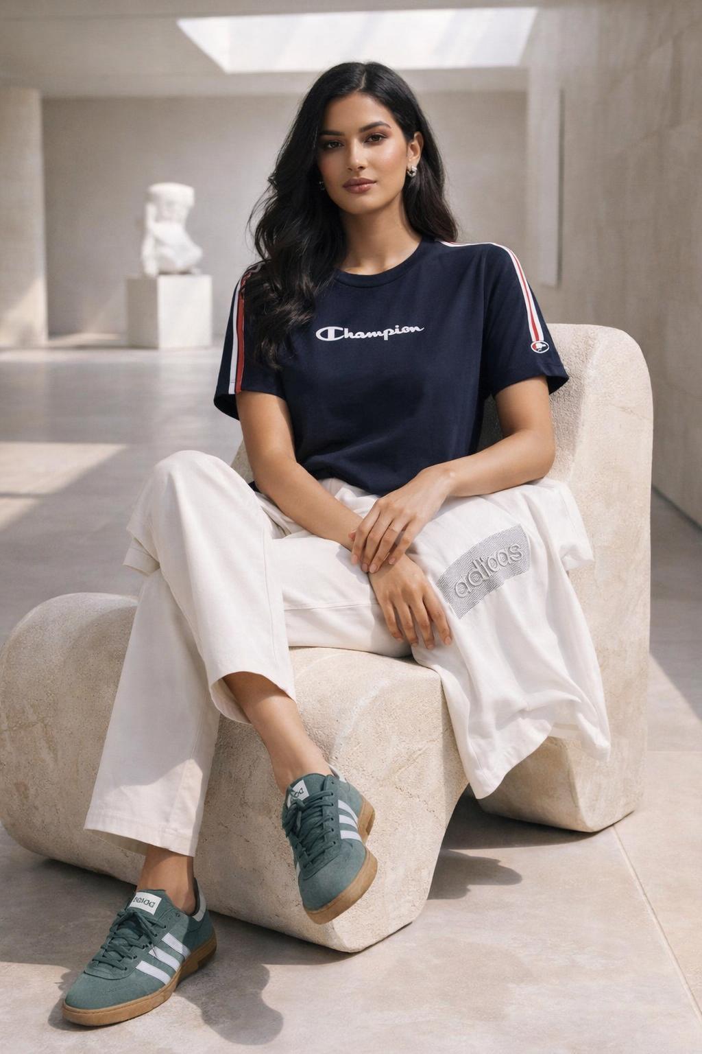 Maya Voss styles Champion Legacy Contrast Details T-shirt - Navy | Size: S