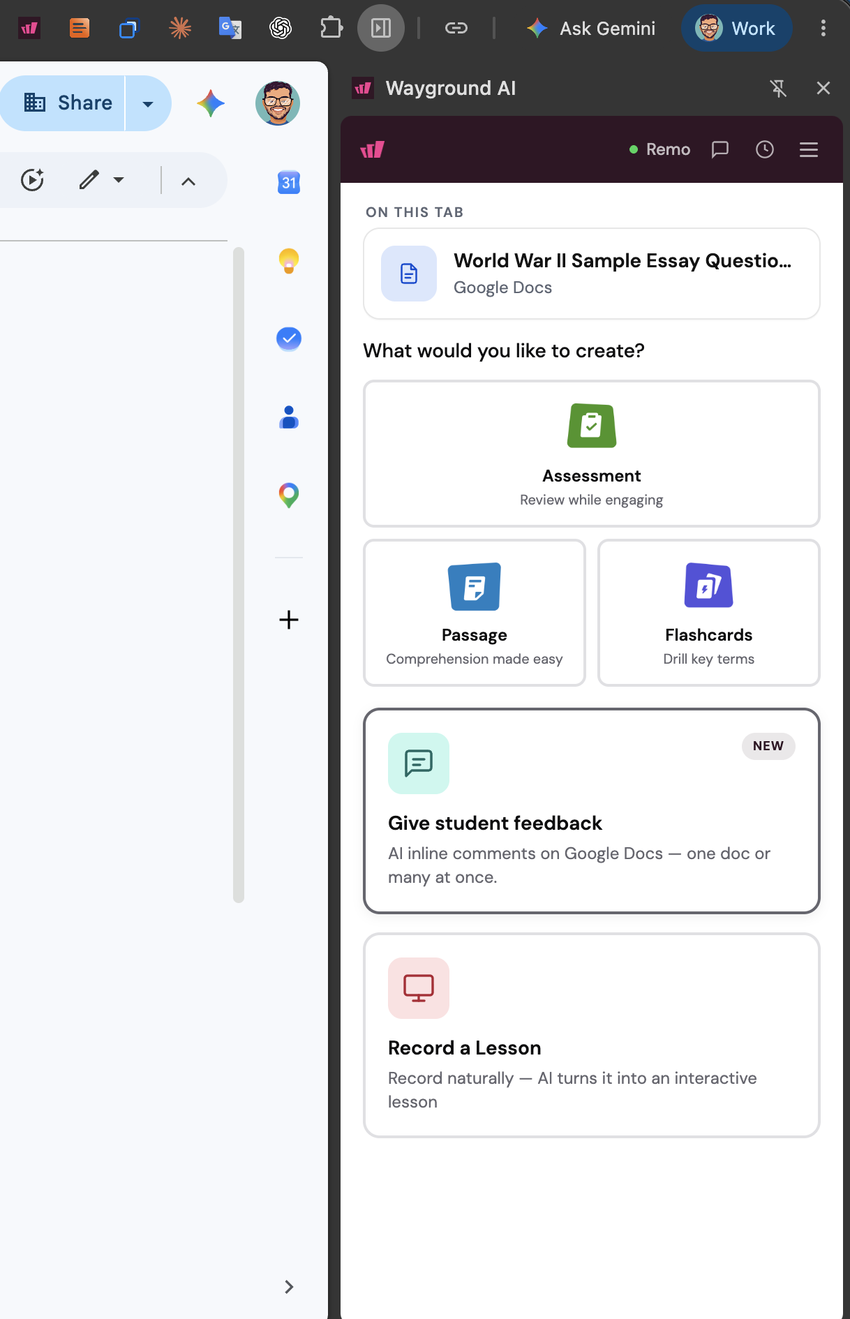 Wayground AI sidebar in Google Docs showing create options with Give student feedback selected