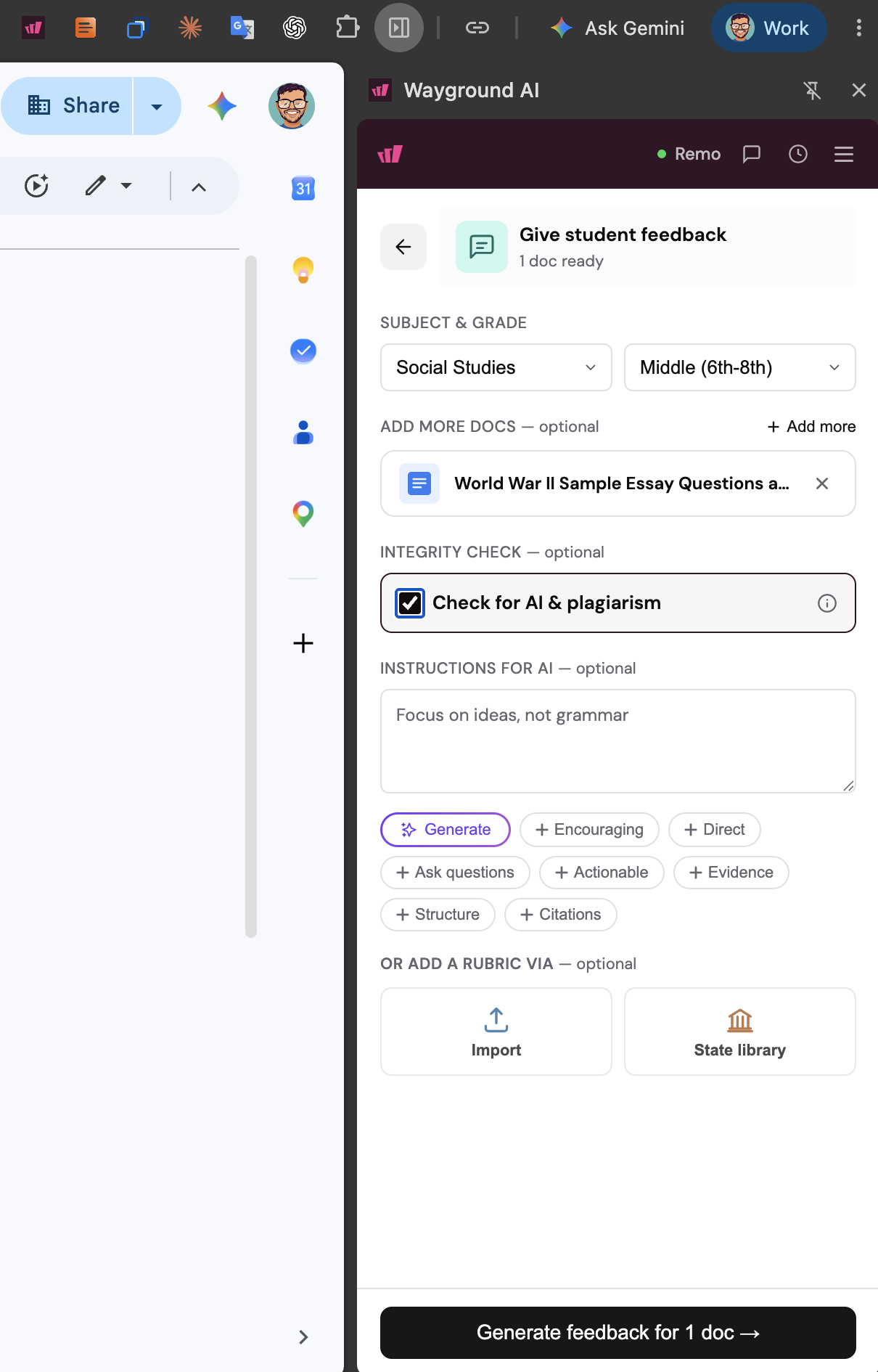 Give student feedback panel with subject and grade set, Check for AI and plagiarism selected, and the Generate feedback button