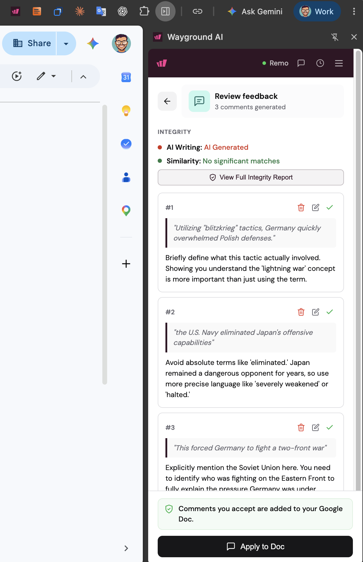 Review feedback panel showing the Integrity summary with AI Writing and Similarity results and three generated comment cards