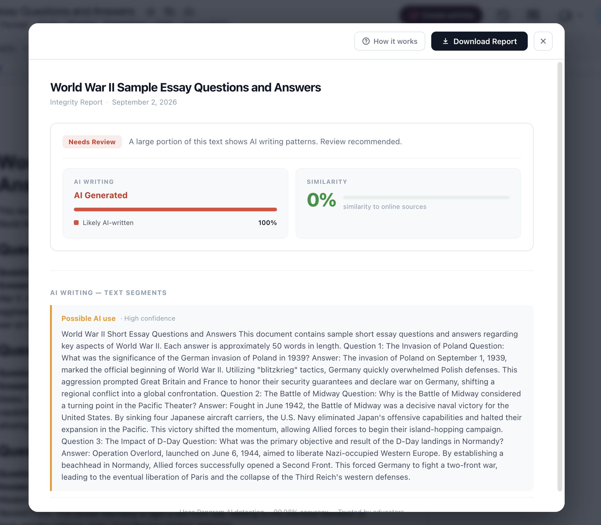 Full Integrity Report showing a Needs Review banner, AI Writing and Similarity scores, and highlighted flagged text segments