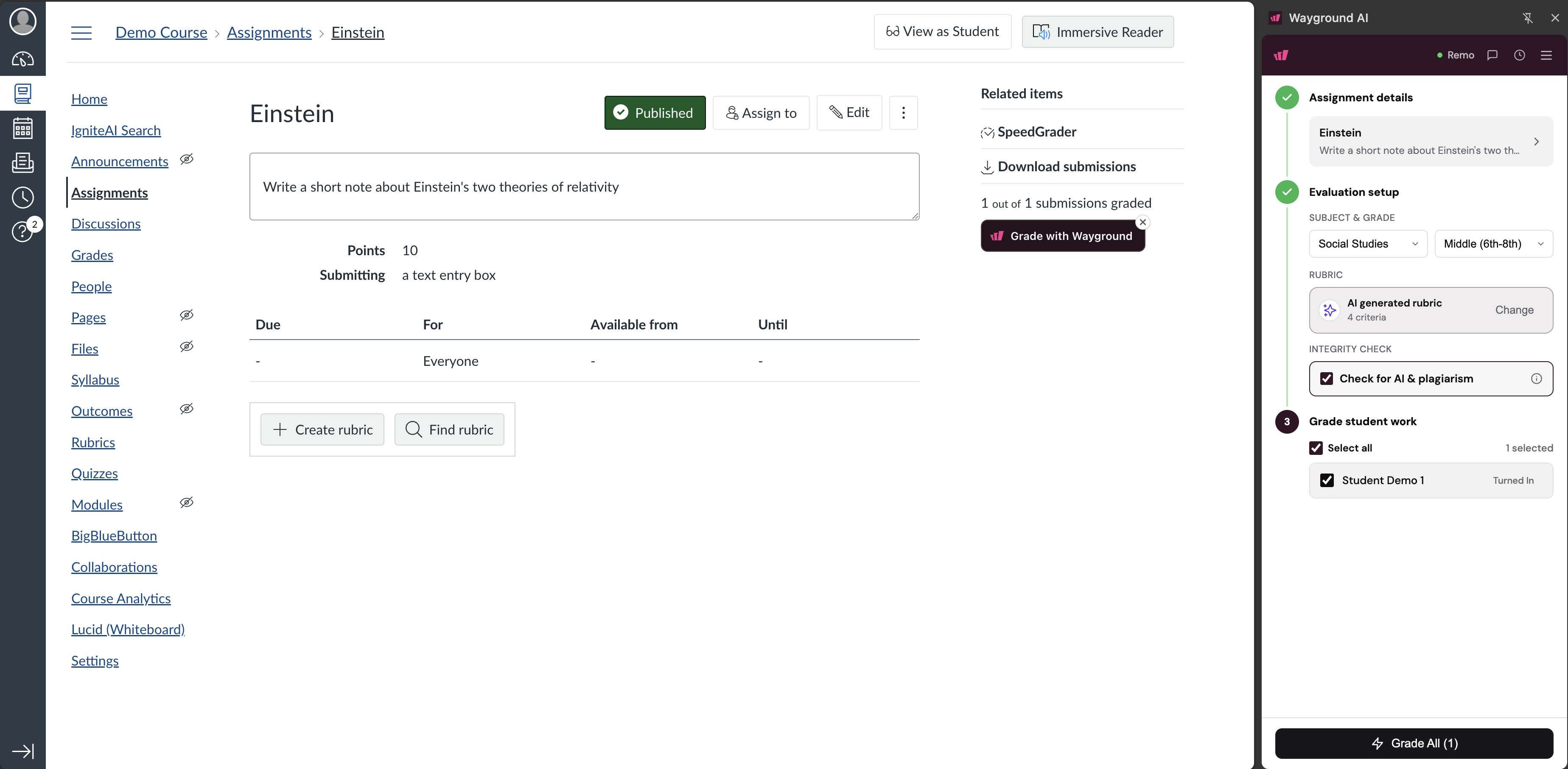 Evaluation setup showing subject and grade selectors, an AI generated rubric with four criteria, the Check for AI and plagiarism option, and the student list with Grade All