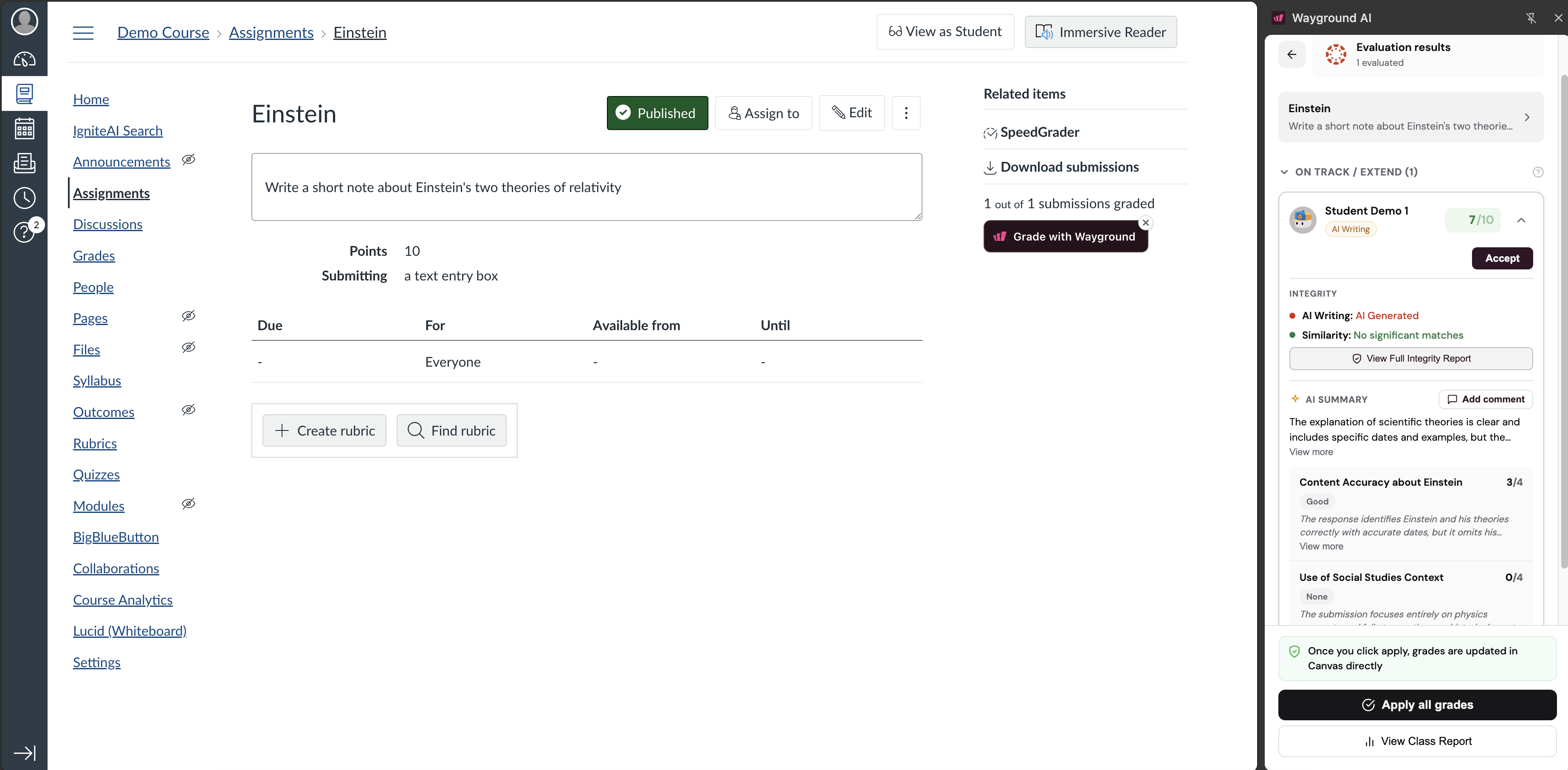 Evaluation results panel showing a student score of 7 out of 10, integrity findings for AI writing and similarity, an AI summary, and rubric criteria scores