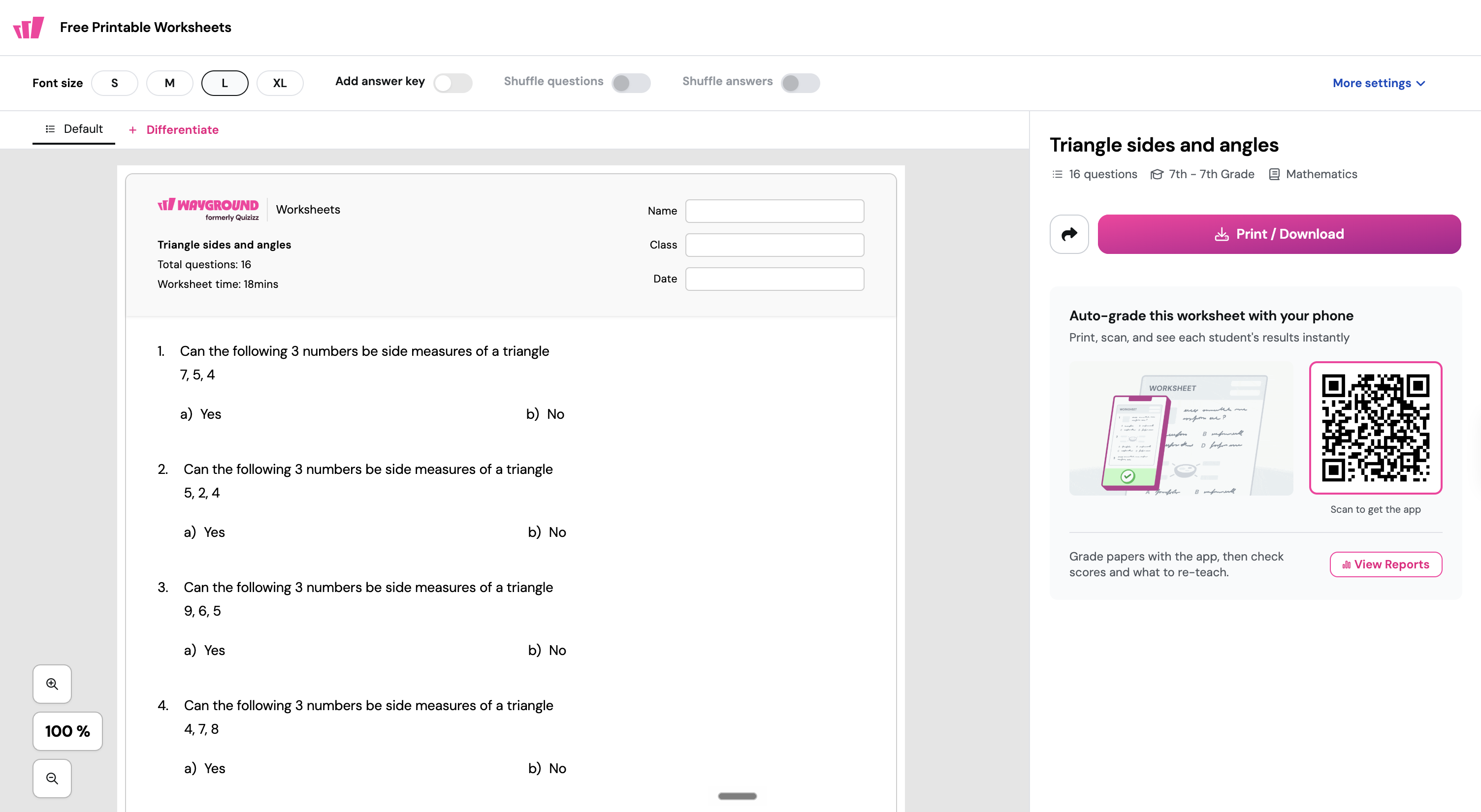 The printable worksheet page with font size options, answer key and shuffle toggles, the Print / Download button, and the Auto-grade this worksheet with your phone panel.