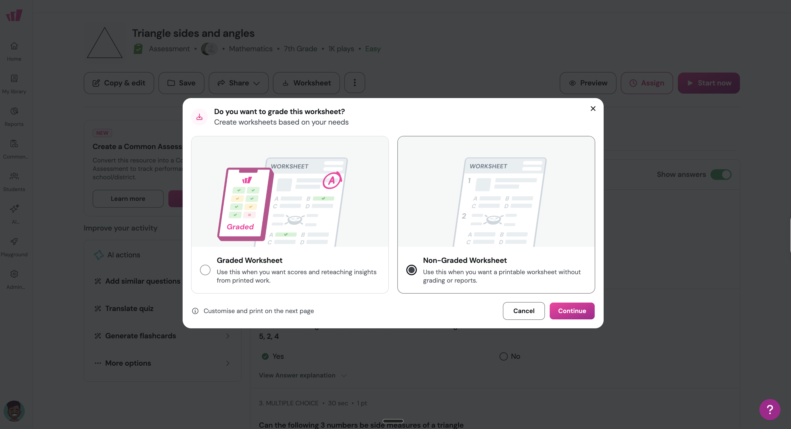 The "Do you want to grade this worksheet?" window with Graded Worksheet and Non-Graded Worksheet options and a Continue button.