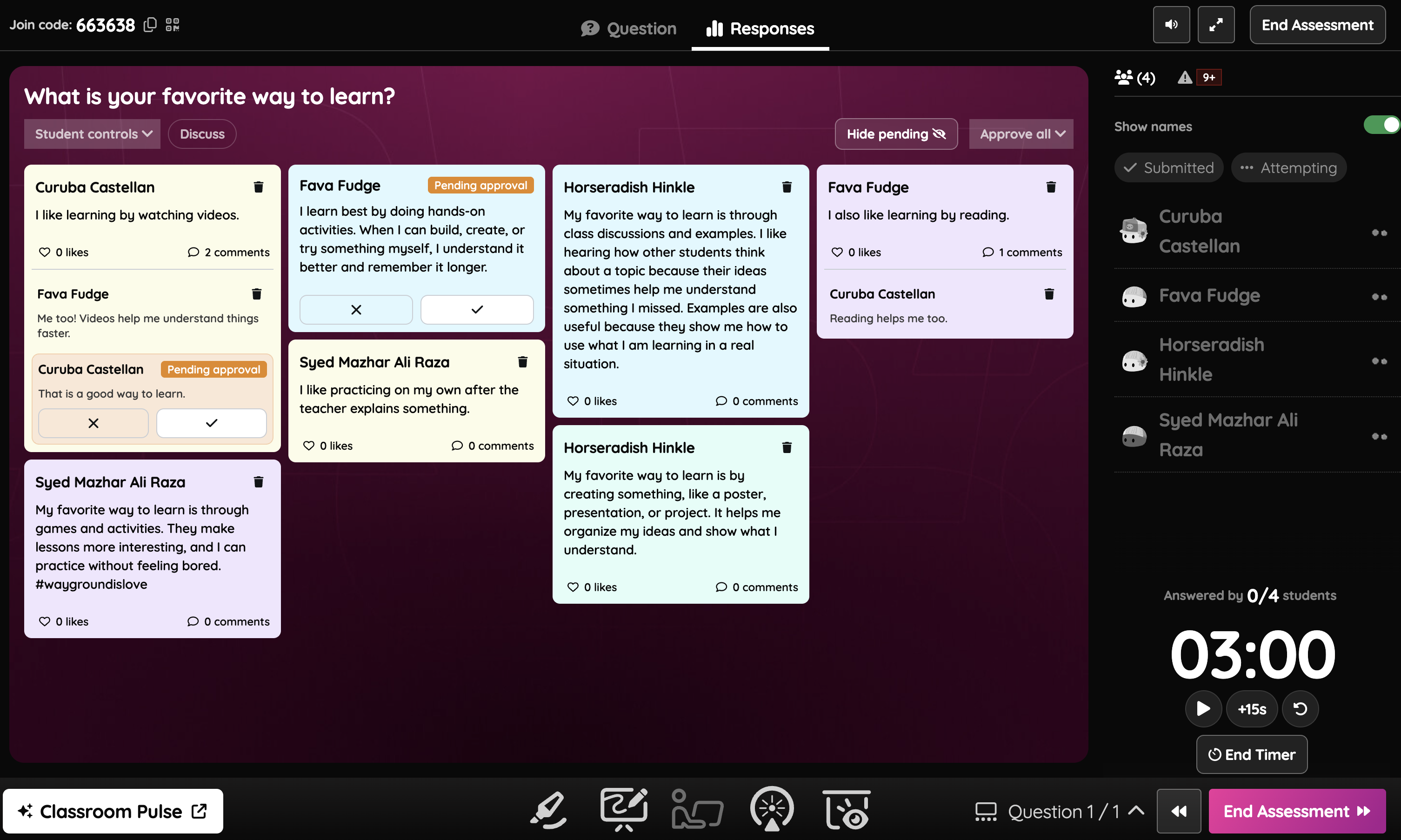 Step 1: Teacher dashboard on the Responses tab showing student posts on the discussion board, pending approval cards, the Student controls menu, and the participant list