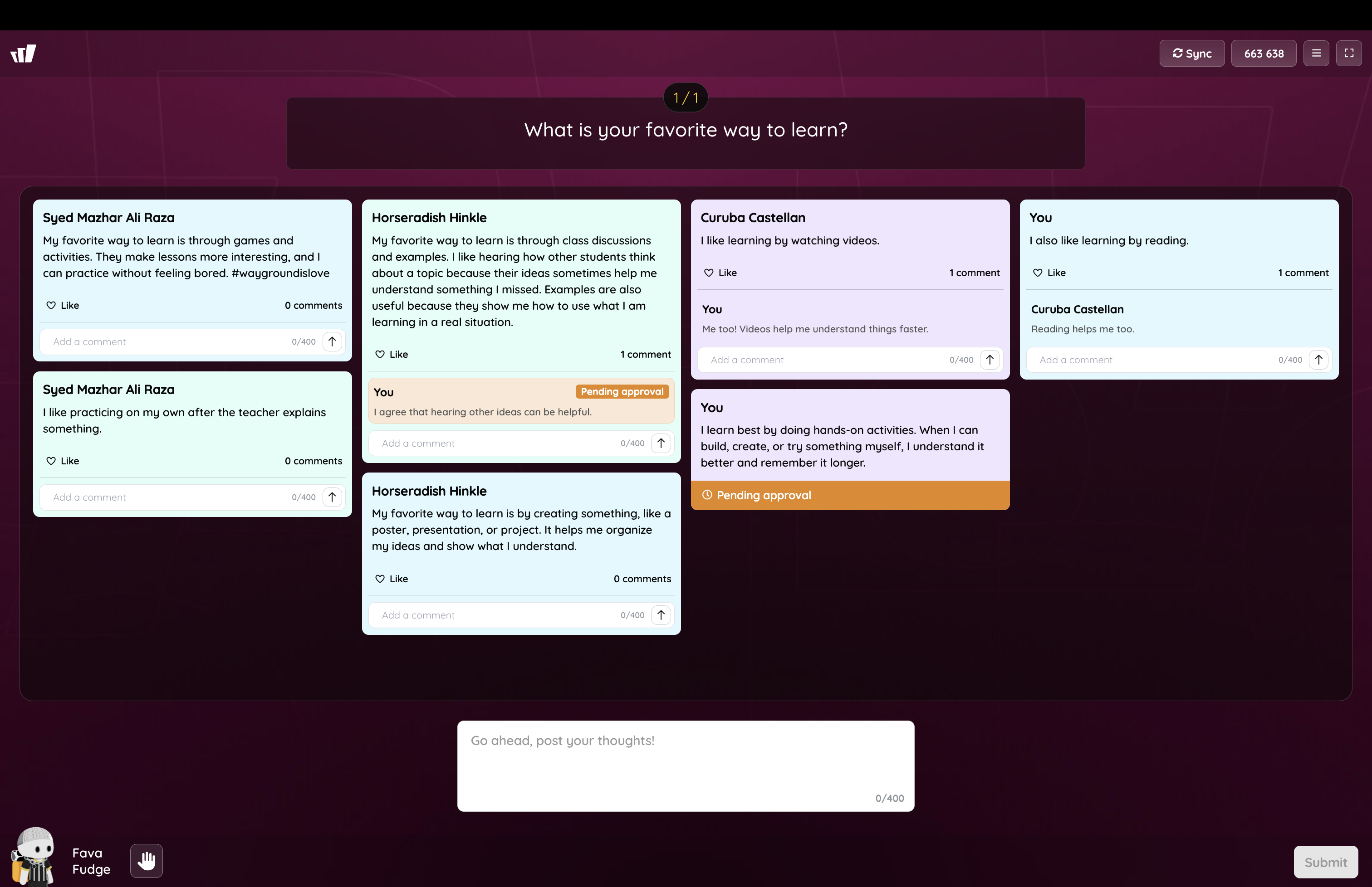 Step 2: Student view of the discussion board showing classmate posts, Like and comment options, a pending approval tag on the student's own post, and the post box at the bottom