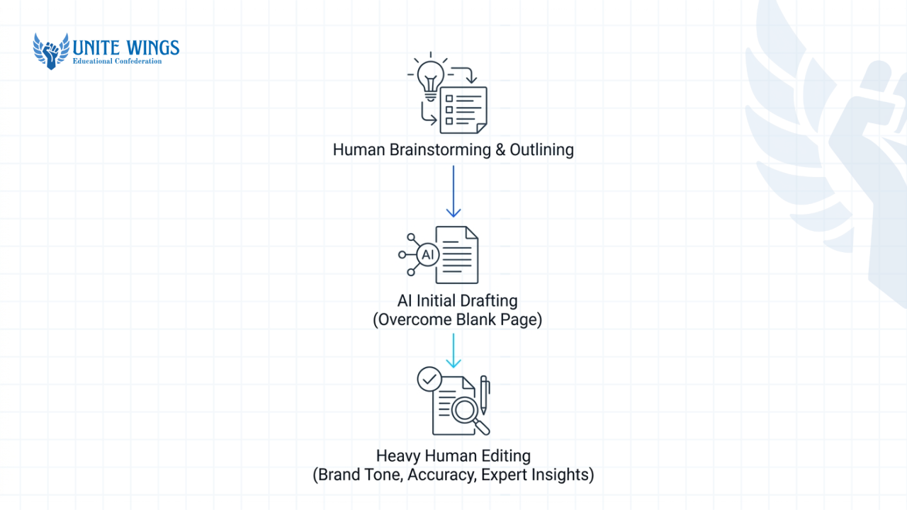 Flowchart depicting the AI Sandwich Method: Human brainstorming, AI drafting, and heavy human editing.