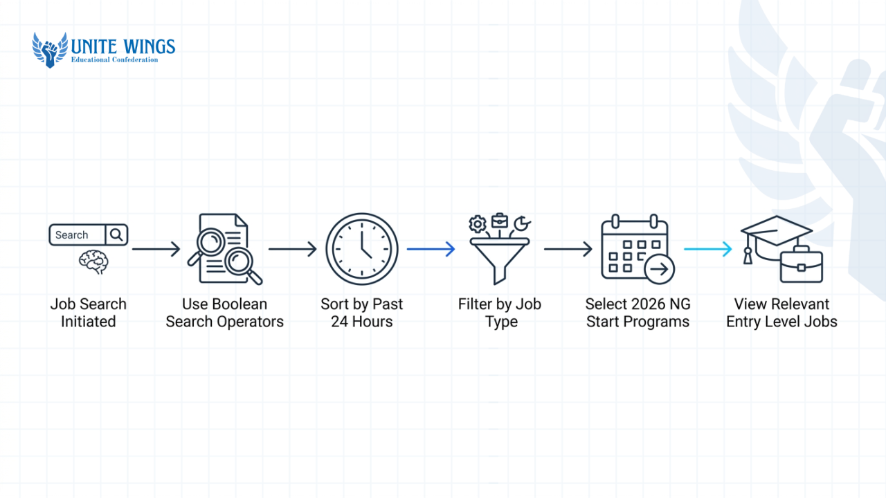 Flowchart for finding entry level jobs on LinkedIn using Boolean search and filters