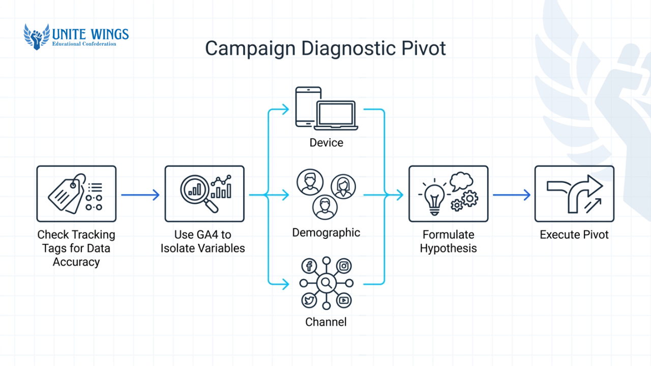 Flowchart showing the campaign diagnostic process: Check tracking tags, use GA4 to isolate variables, formulate a hypothesis, and execute a pivot.
