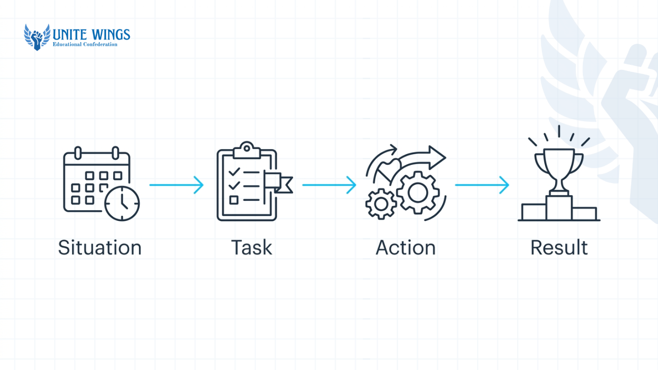 A four-step flowchart of the STAR method for interviews: Situation, Task, Action, and Result.
