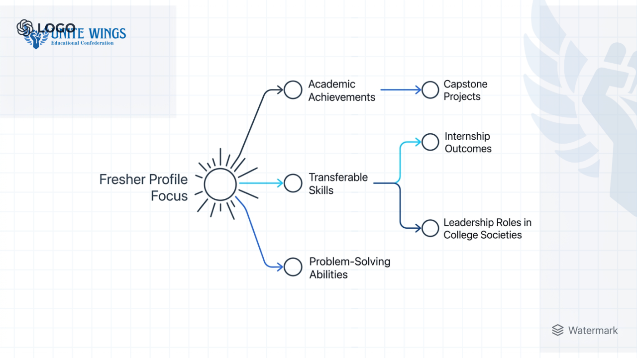 Mind map displaying a Fresher Profile Focus on Transferable Skills, Academic Achievements, and Problem-Solving Abilities.