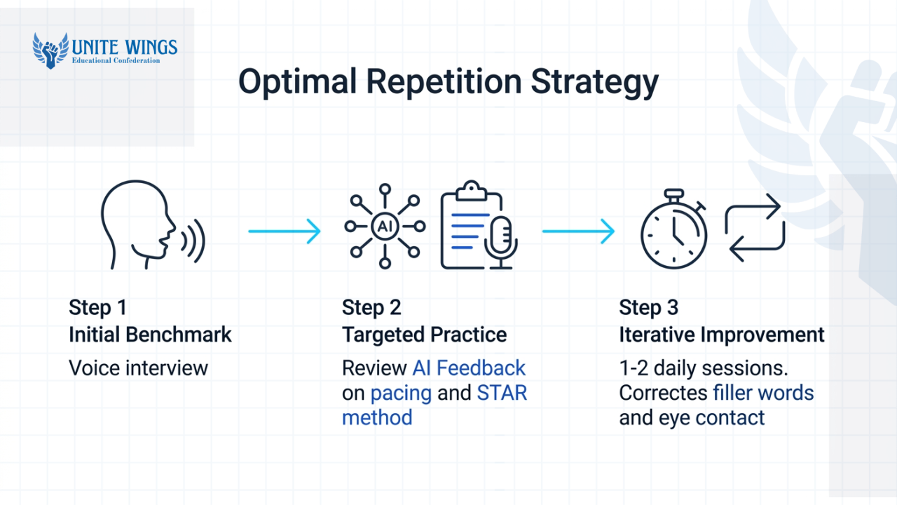 A 3-step flowchart illustrating the Optimal Repetition Strategy for AI mock interview practice.