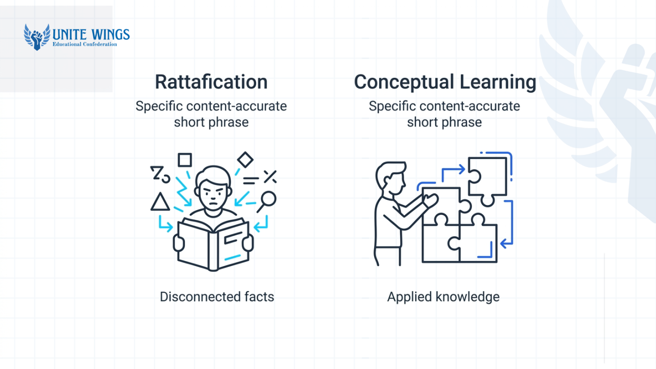 A chart comparing Rattafication, which is rote memorization, to Conceptual Learning, which involves understanding and applying knowledge.