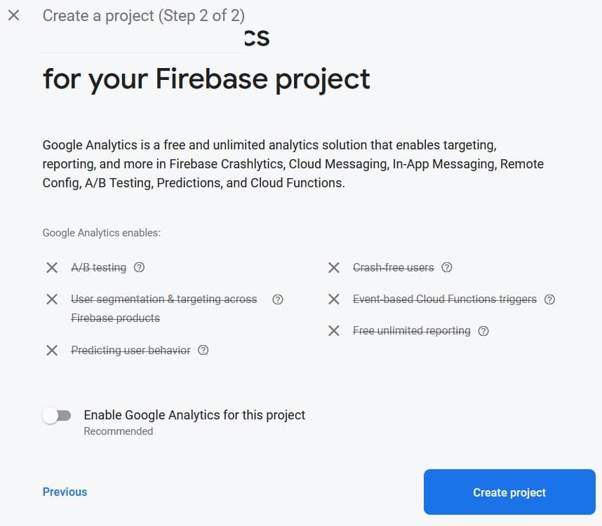 Firebase disable analytics ><