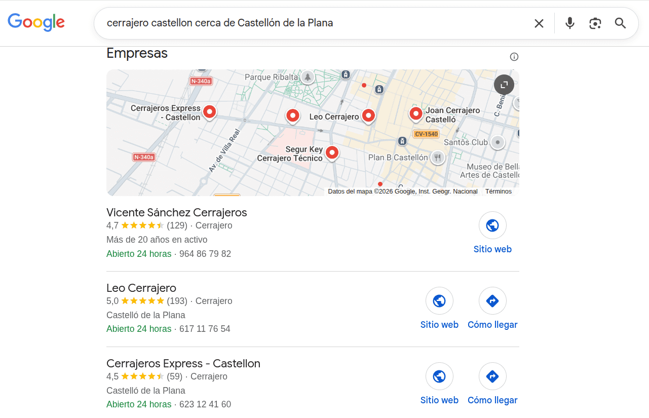 Local Pack de Google — los 3 negocios que aparecen en el mapa