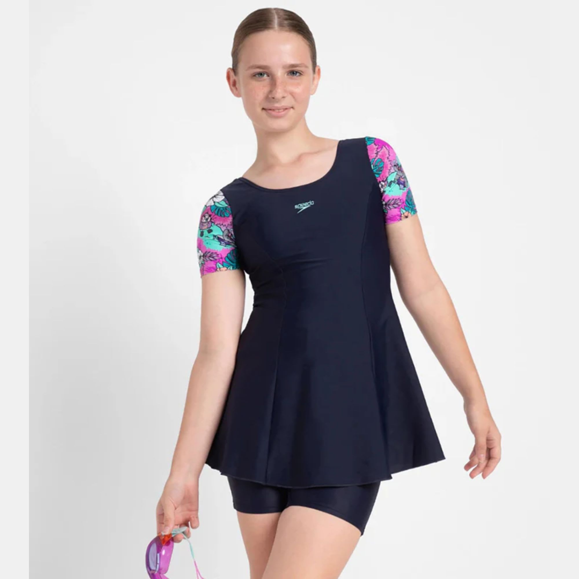 Speedo Girl's Endurance10 Sleeved Closedback True Navy, Neon Violet & Arctic Glass Swimdress With Boyleg