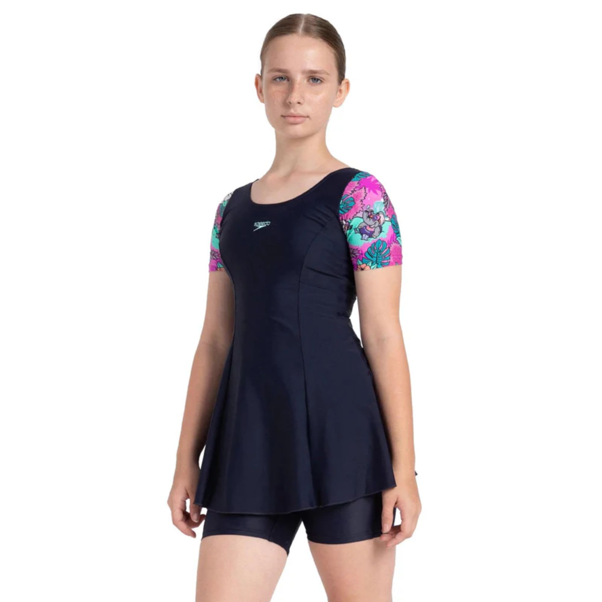 Speedo Girl's Endurance10 Sleeved Closedback True Navy, Neon Violet & Arctic Glass Swimdress With Boyleg - Image 2
