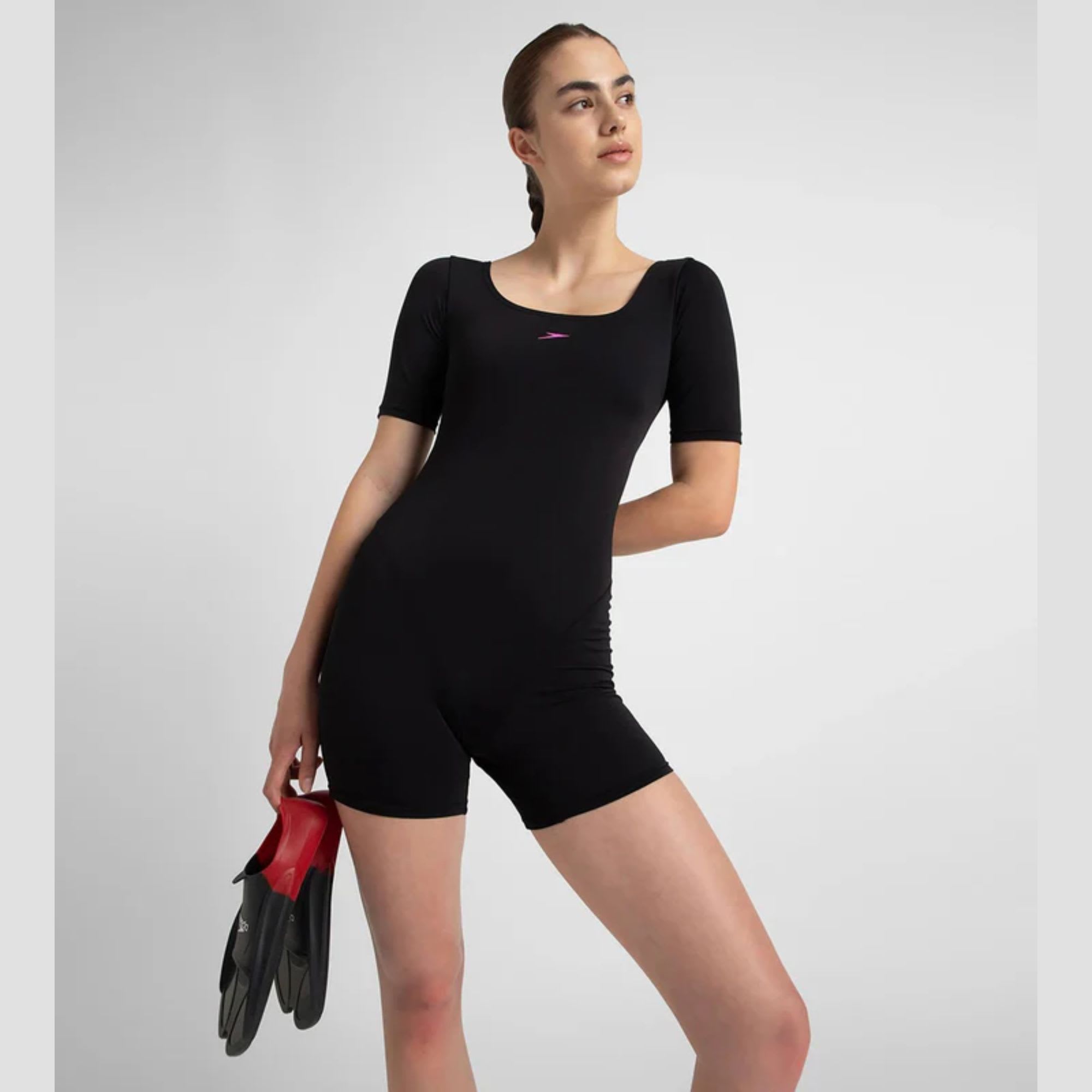 Speedo Women's Endurance+ Black & Neon Violet Sleeved Myrtle U-Back Legsuit