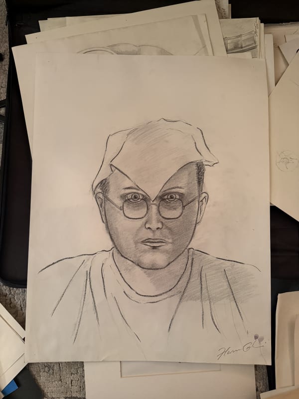 Self portrait with glasses and head napkin