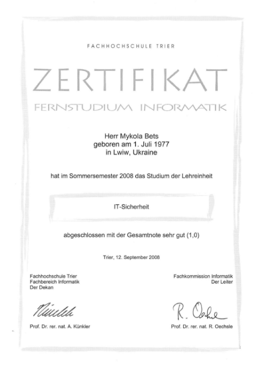 Zertifikat Nikolai Bets
