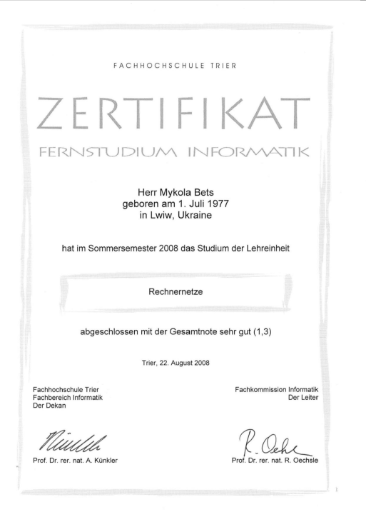 Zertifikat Nikolai Bets