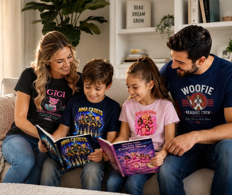 Family wearing matching EVOL-N story apparel