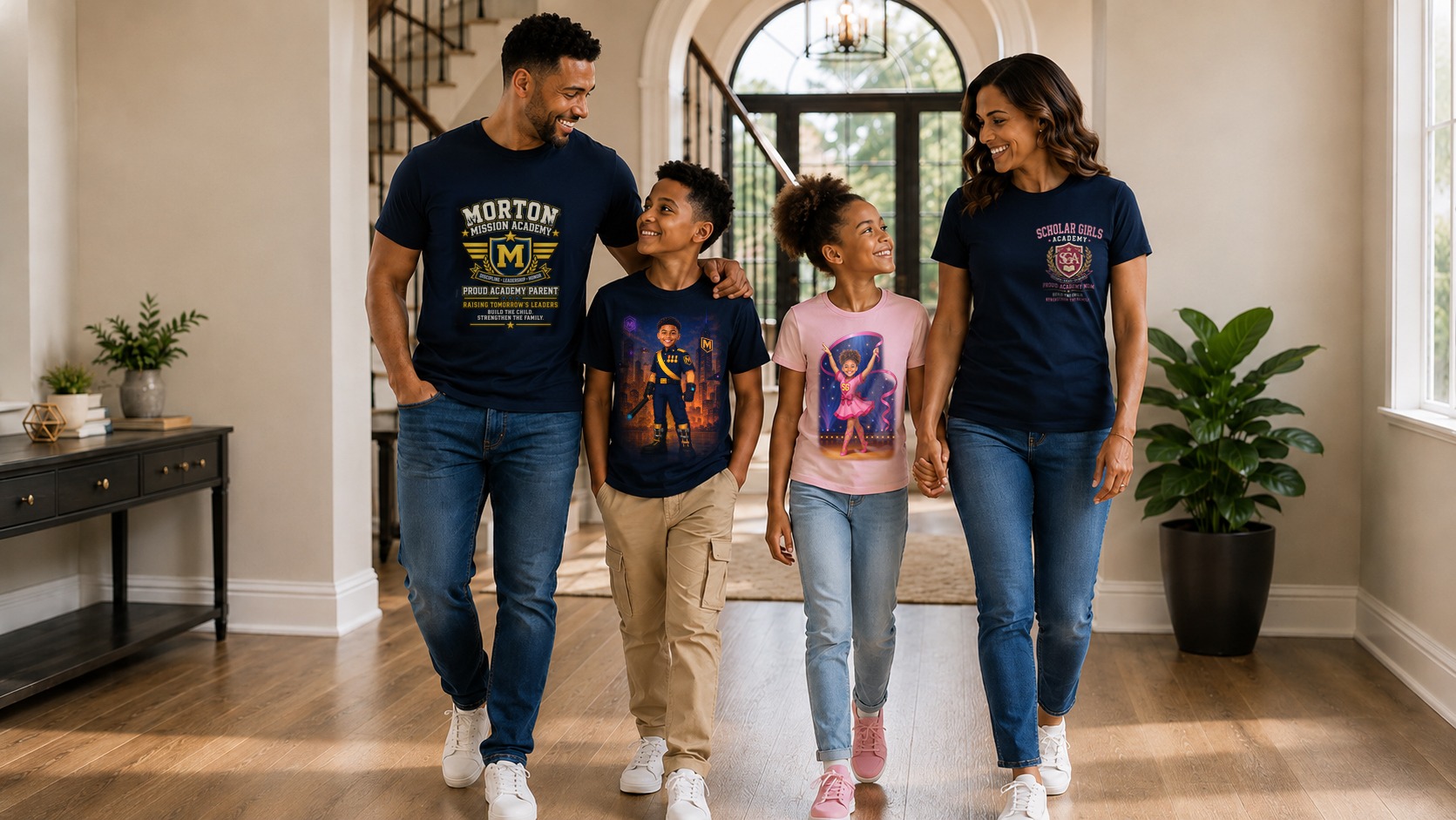 EVOL-N family wearing matching story tees