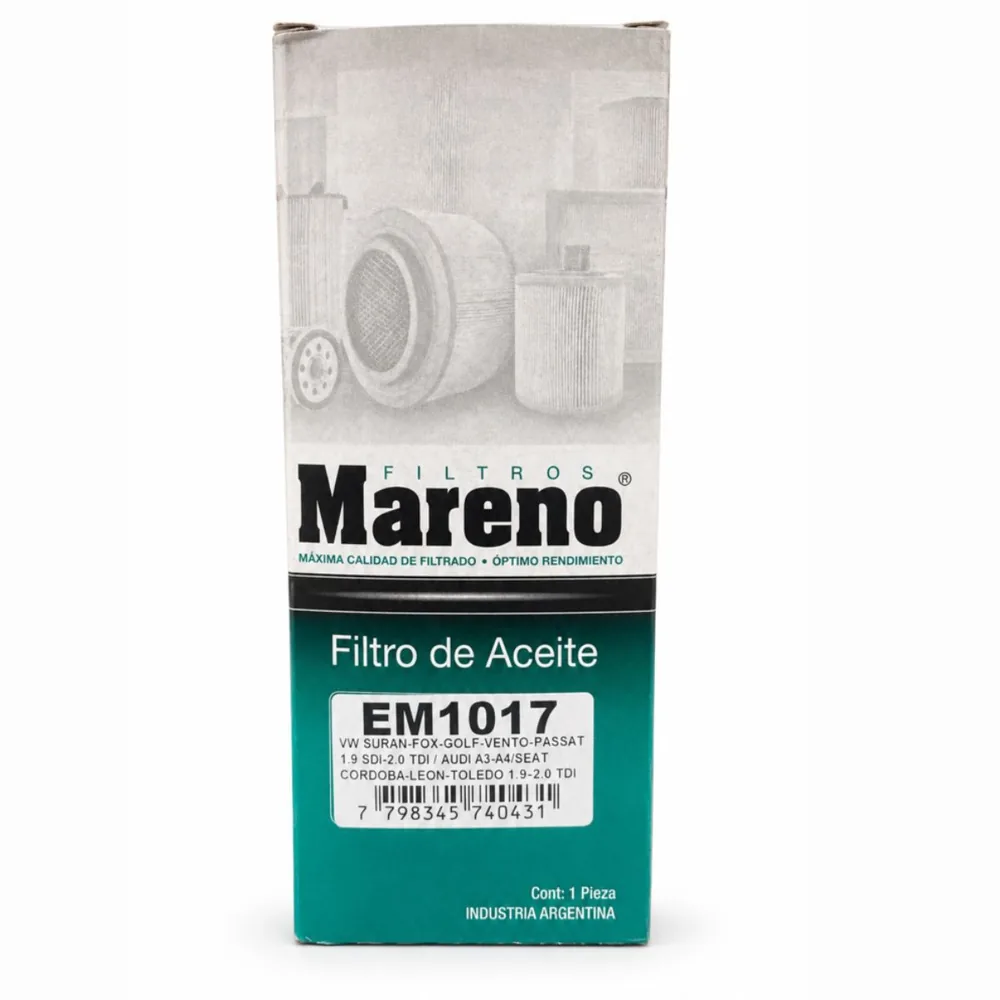 Filtro de aceite (cartucho) para Volkswagen Vento, Volkswagen Bora, Volkswagen Suran y Volkswagen Tiguan TDI - MARENO