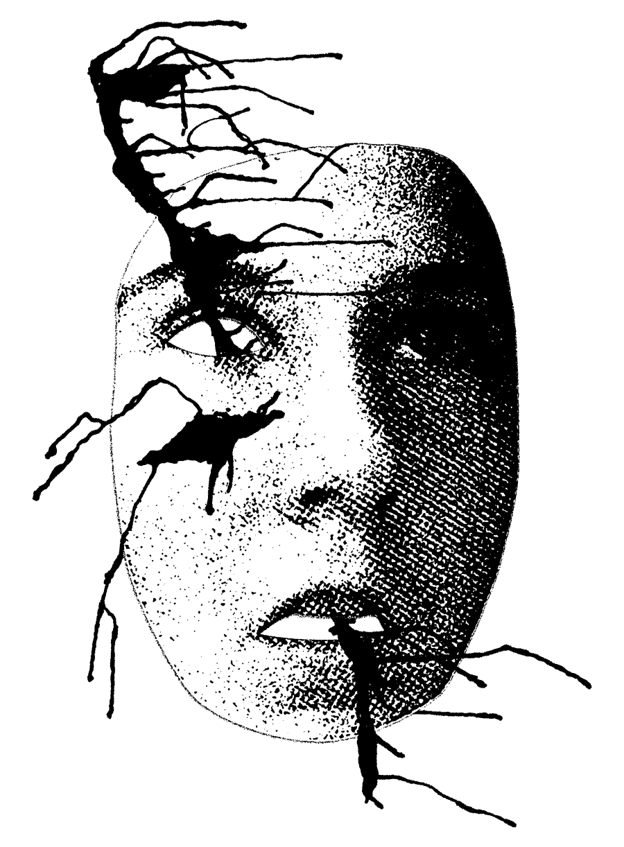 A stippled halftone face dissolving at its edges, split by black branching cracks that run from the brow and spill from the mouth.