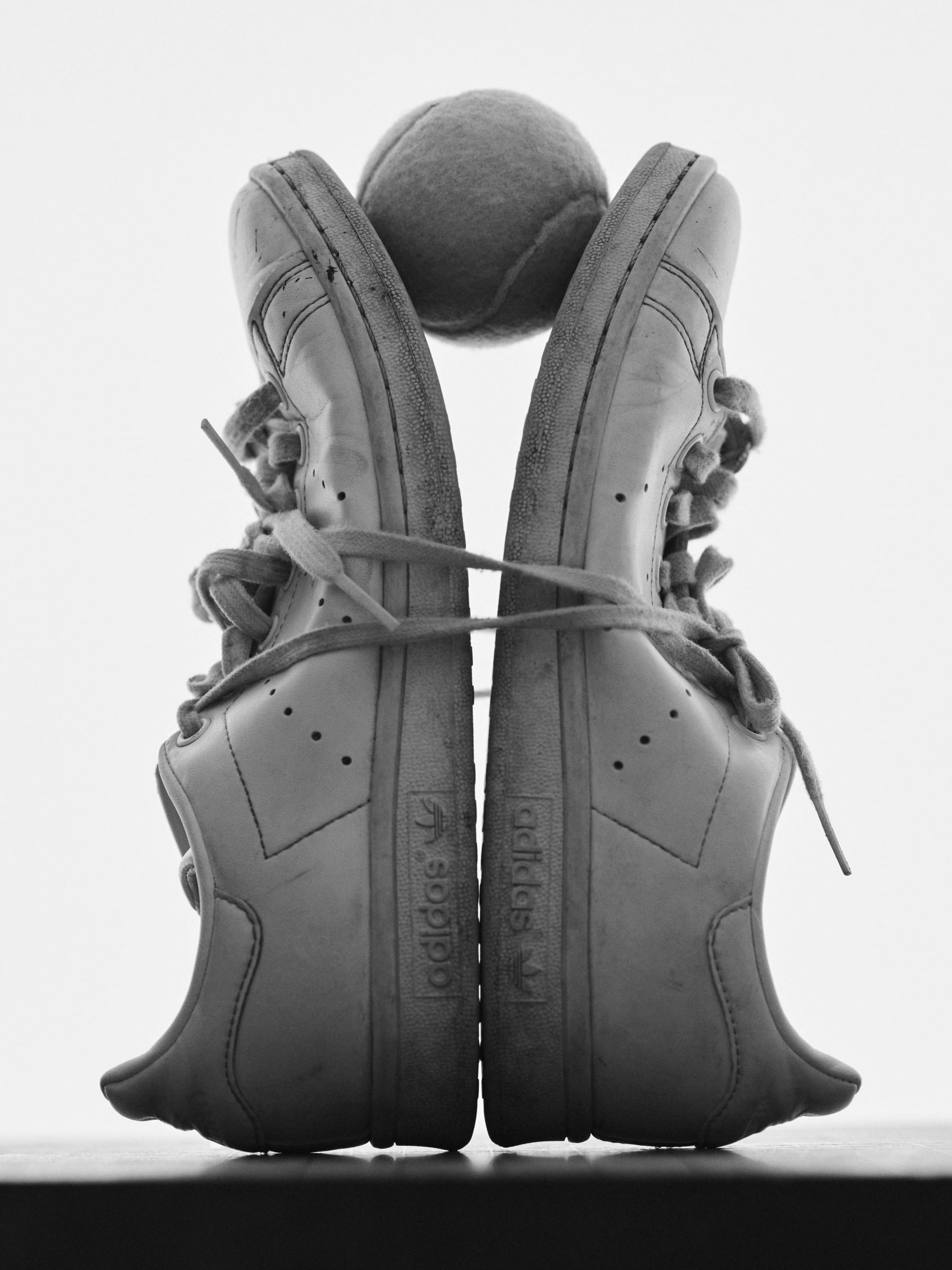 A worn pair of white adidas sneakers, heels pressed together, cradling a tennis ball between them.
