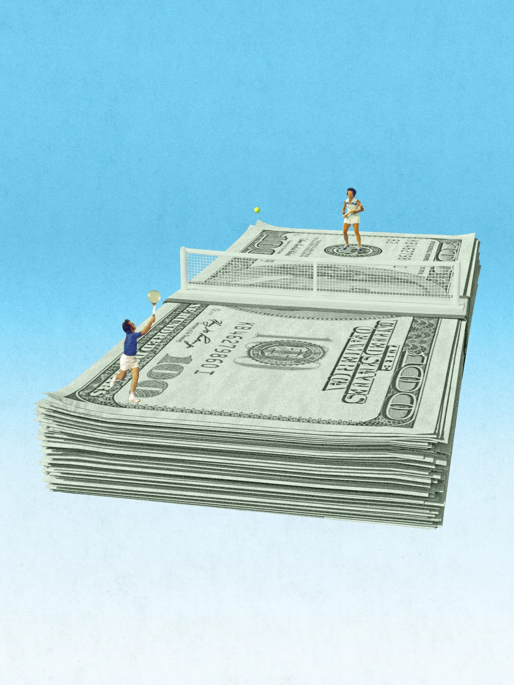 A tennis court built from a stack of hundred-dollar bills: the near half is a thick wad where a man swings a racket, the far half a thin single layer where a woman waits to receive.