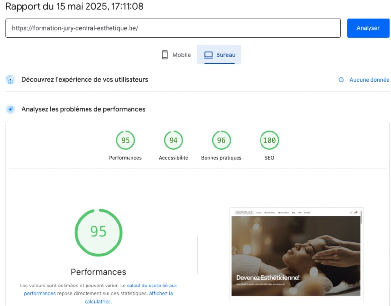 Pagespeed insights mai 2025 du site formation jury central esthetique