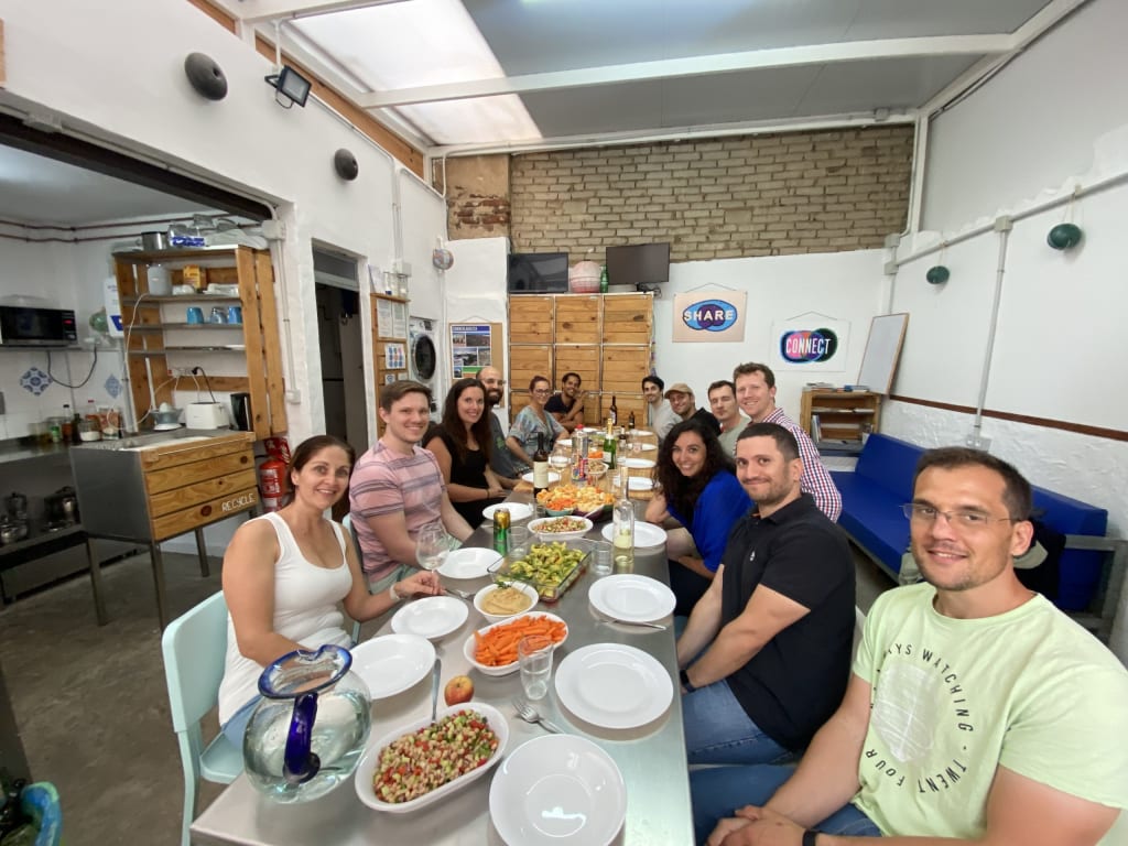 Vegan dinner. Remote workers sustainable community in Las Palmas