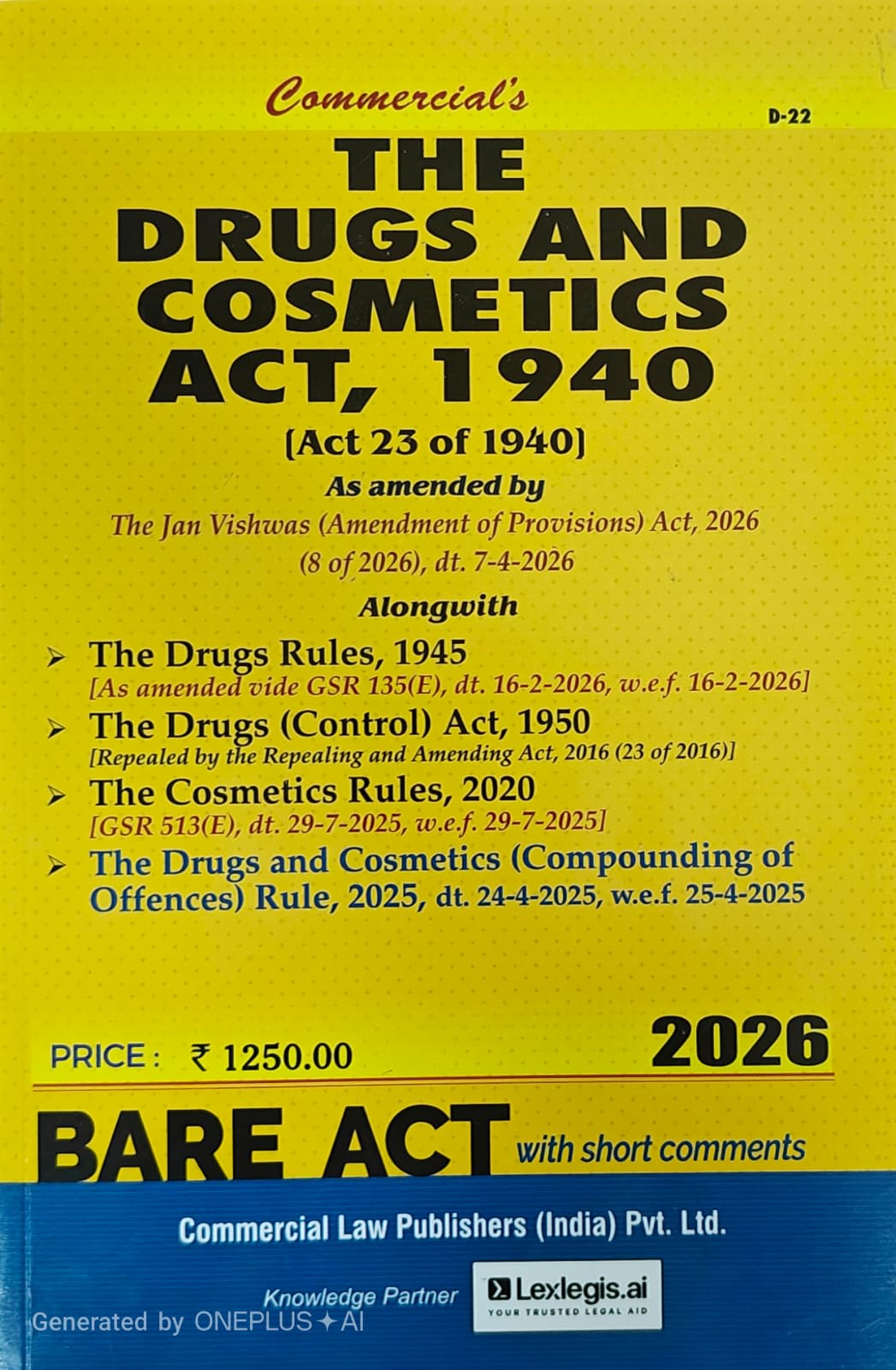 THE DRUGS AND COSMETICS ACT, 1940 ( Act 23 of 1940 ) Alongwith Rules, 1945