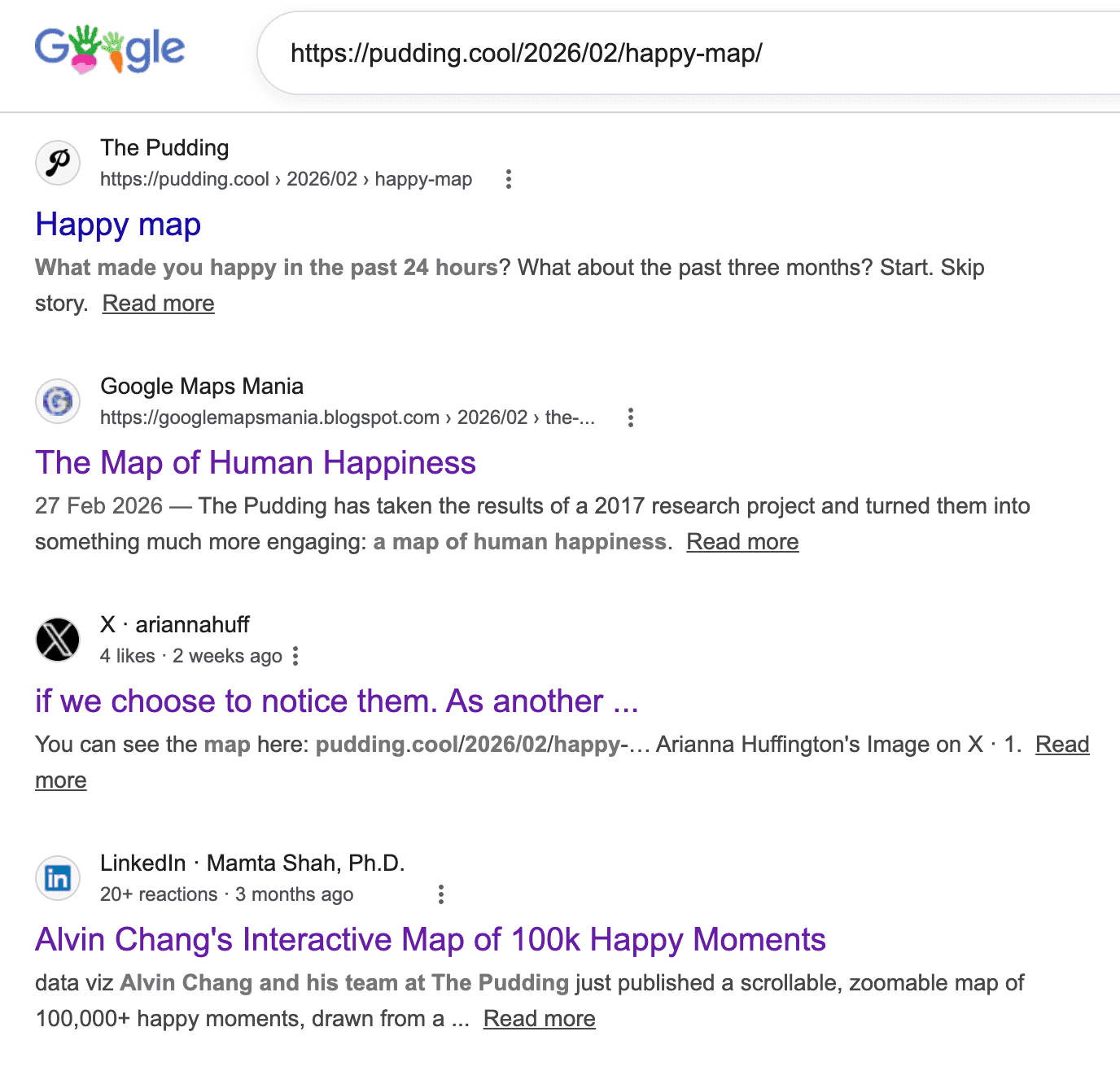 A Google search for the Happy Map URL showing four results, including The Pudding and a Maps Mania blog post.