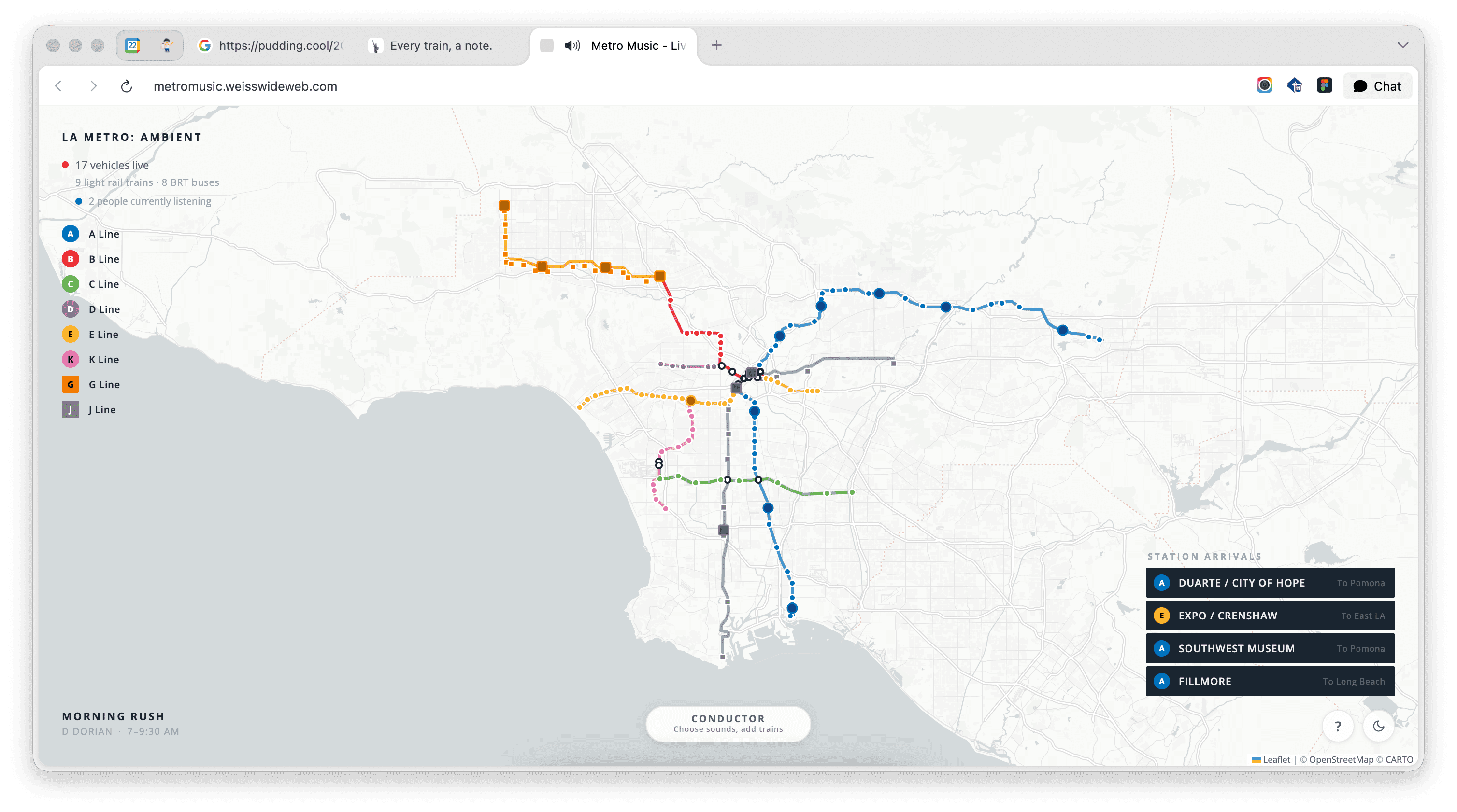 The full Metro Music screen showing the Los Angeles map in Morning Rush mode with live trains and station arrivals.