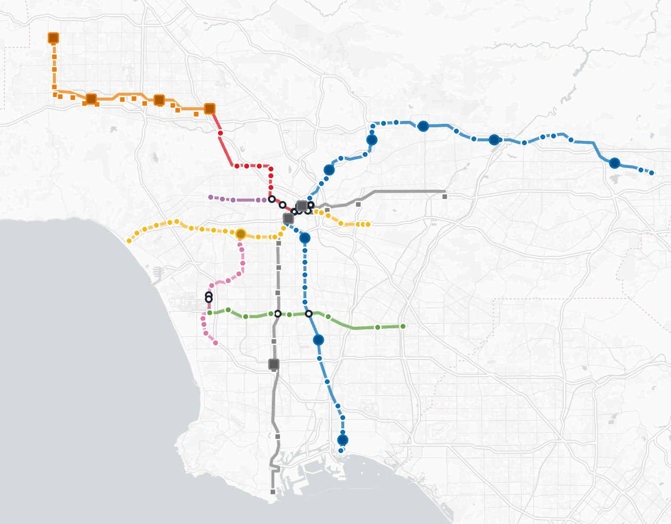 A clean map of Los Angeles with coloured metro lines and dots marking live trains.