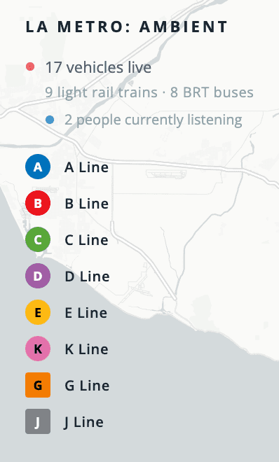 The Metro Music side panel listing live vehicles, current listeners and the colour key for the A to J lines.
