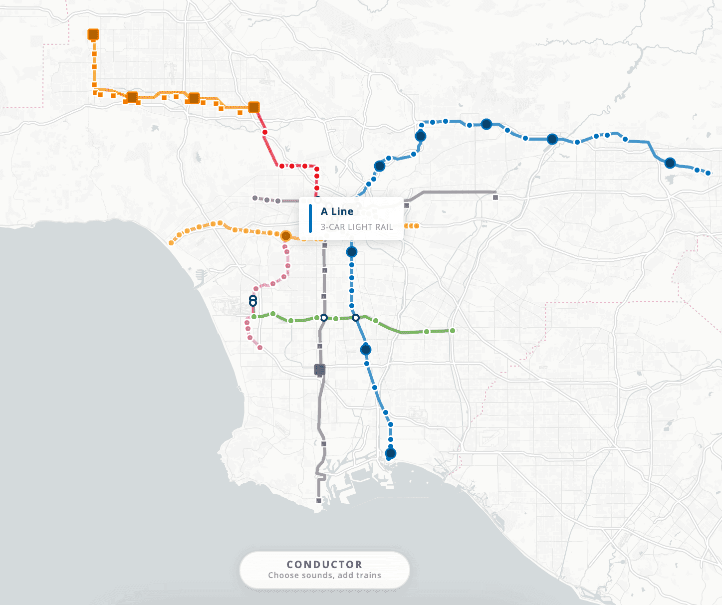 The Los Angeles metro map with a tooltip labelling the blue A Line as a three-car light rail train.