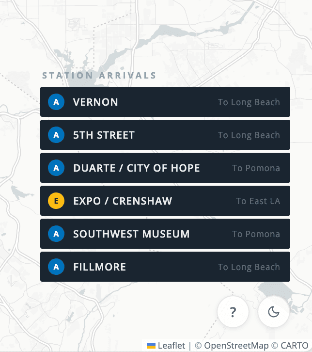 A list of upcoming Metro station arrivals with line and destination, such as Vernon to Long Beach.